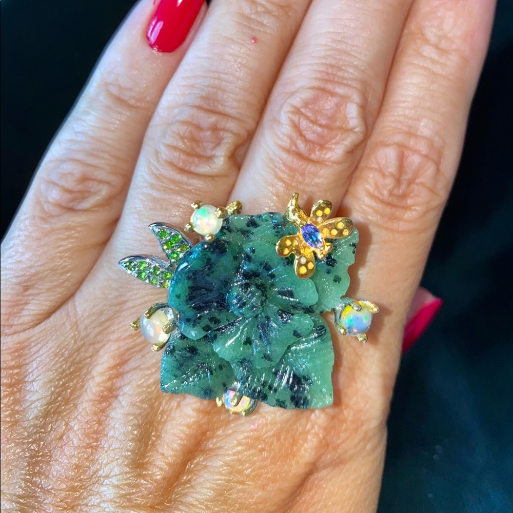 Luxurious Genuine Ruby Zoisite Ring With Gems - image 3